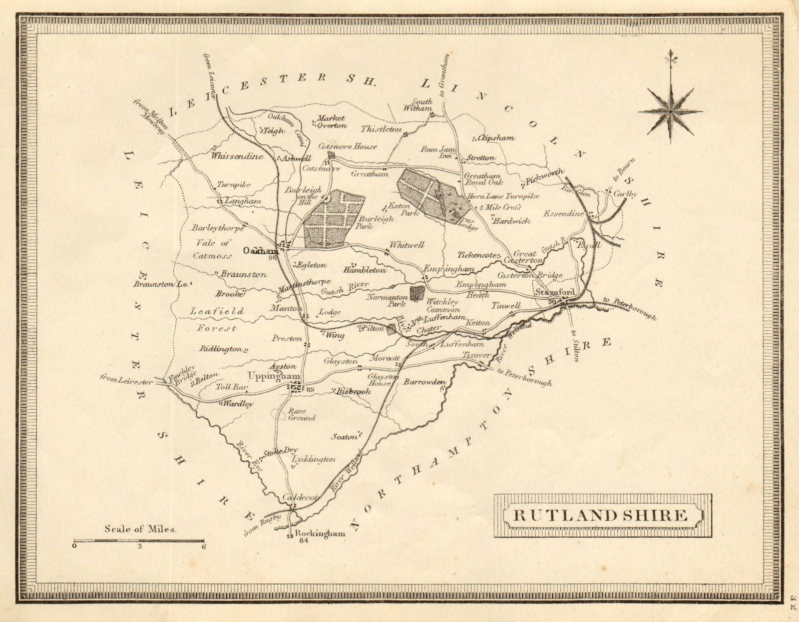 Antique county map of Rutlandshire by John Heywood. Railways & coach roads c1864